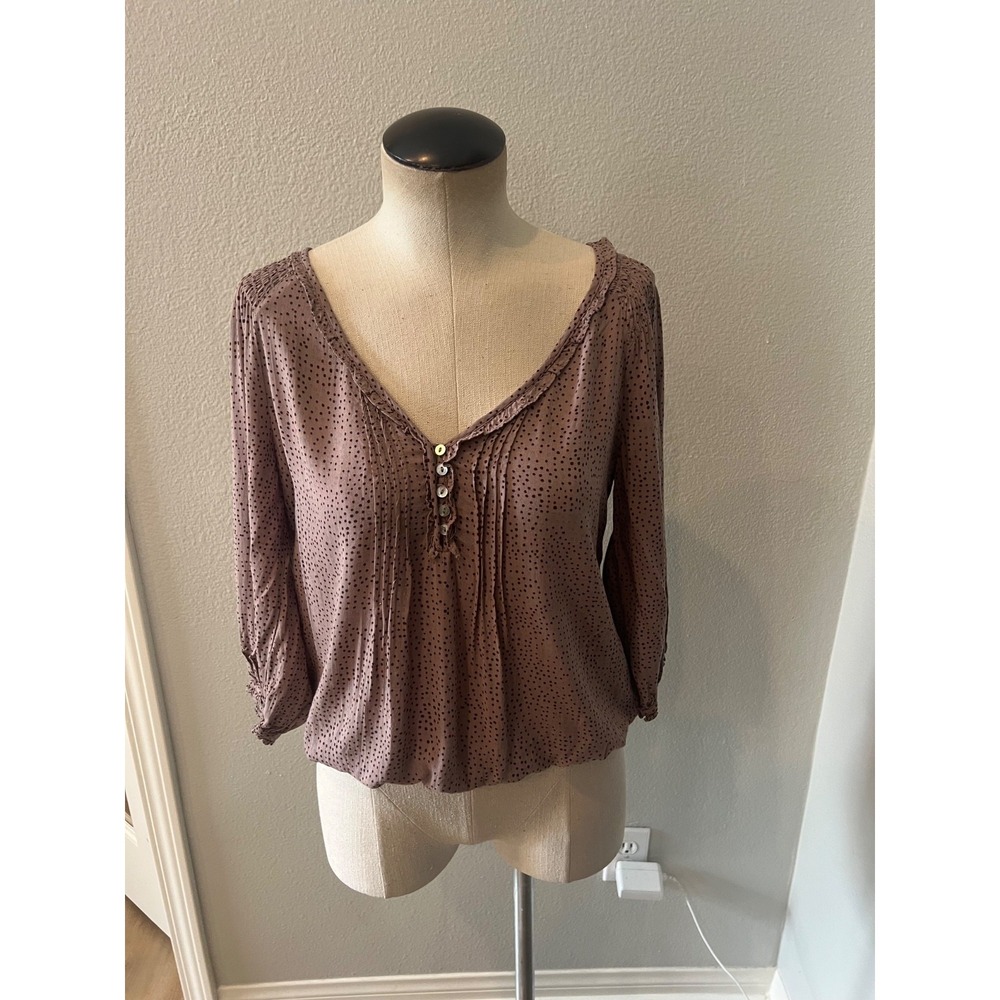 Zara Basic Women's Small Brown Polka Dot Blouse 3/4 Sleeve Pintuck Button Boho